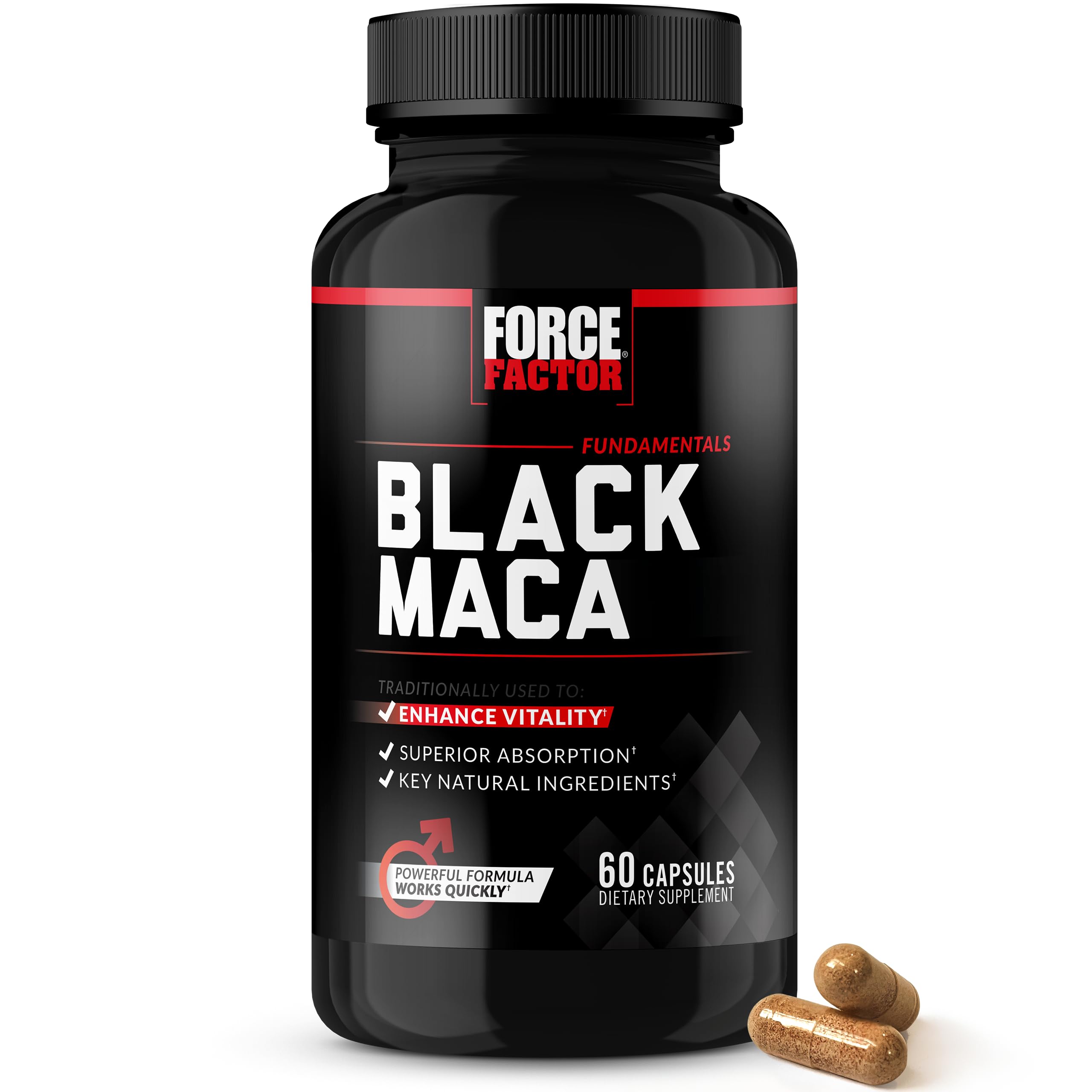 Force Factor Black Maca Root Vitality Supplement for Men with Superior Absorption and Power, Natural Maca Negra Extract, Fundamentals Series, 1000mg, 60 Capsules, Capsules, 60 Count (Pack of 1)