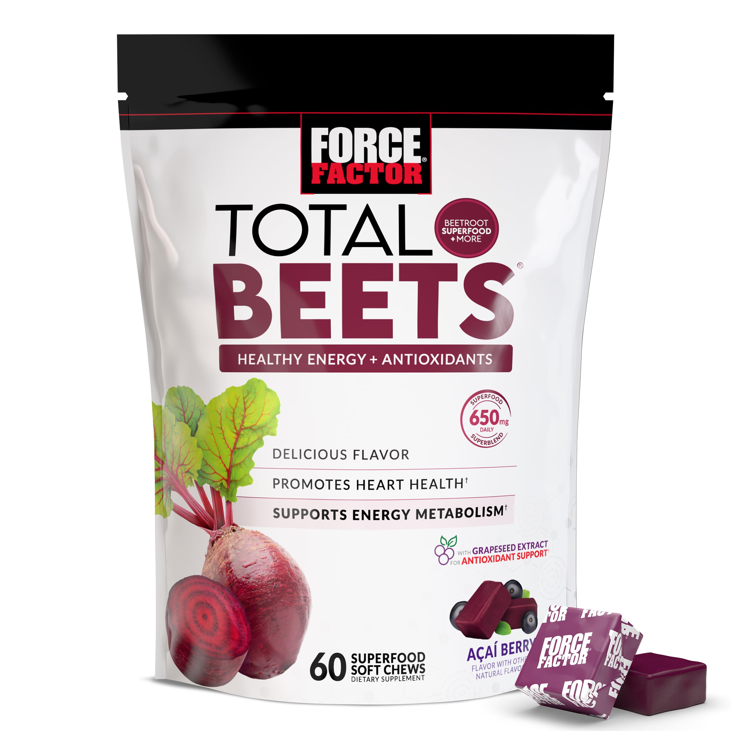 Force Factor Total Beets Soft Chews with Beetroot, Nitrates, L-Citrulline, Grapeseed Extract, and Antioxidants, Healthy Energy Supplement with Elite Ingredients, Heart Health Superfood, 60 Chews, 60 Count (Pack of 1), Original