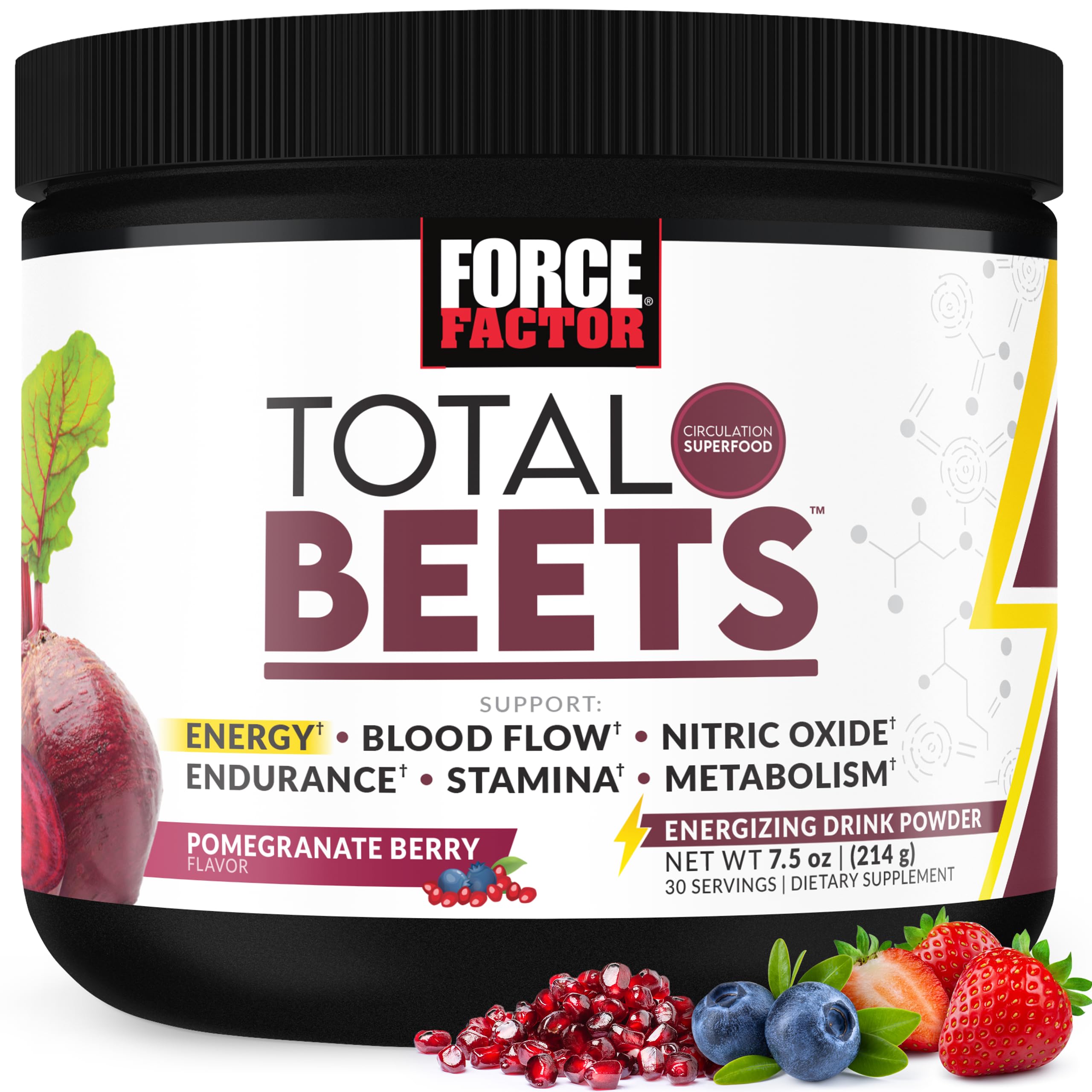 Force Factor Total Beets Energy Drink Mix, Superfood Beet Root Powder with Nitrates to Boost Energy and Support Circulation, Blood Flow, Nitric Oxide and Stamina, Heart Health Supplement, 30 Servings, Pomegranate Berry, 7.1 Ounce (Pack of 1)