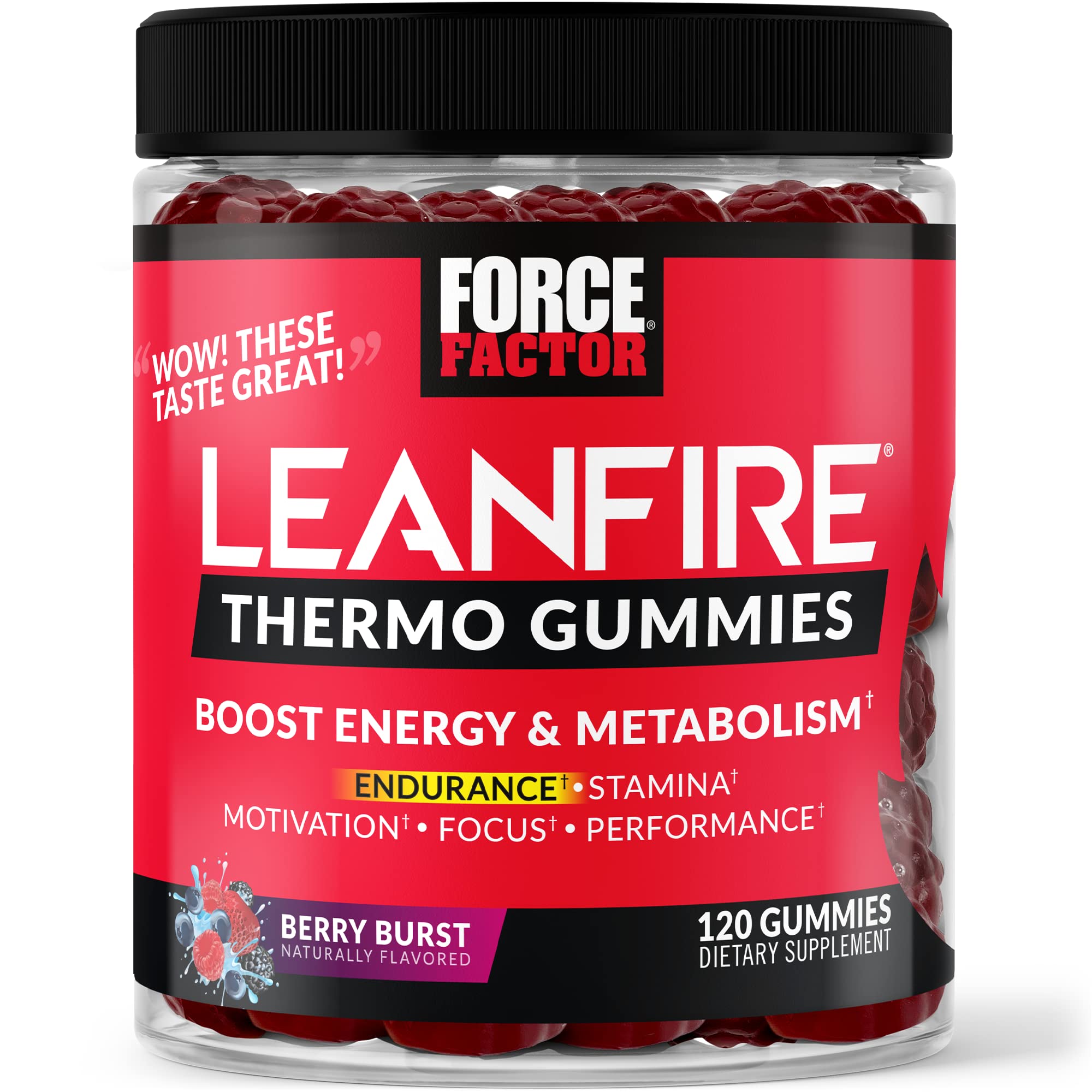 Force Factor LeanFire Thermo Gummies with B12 Vitamins, Caffeine, & Green Coffee Bean, Boost Energy, Metabolism, Endurance, Stamina, Motivation, Focus, & Performance, Pre Workout Gummies, 120 Gummies, Berry Burst, 120 Count (Pack of 1)