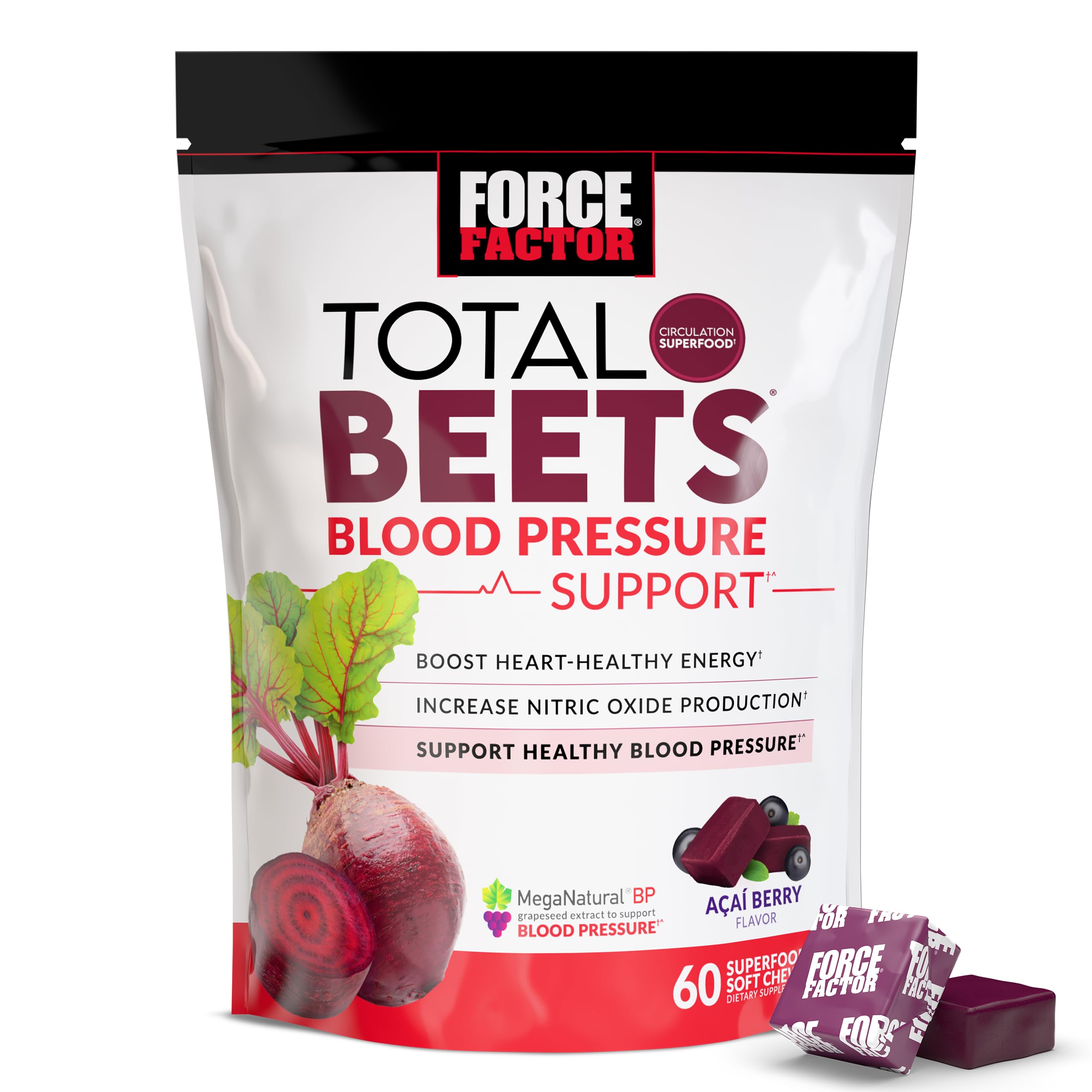 Force Factor Total Beets Blood Pressure Support Supplements with Beet Powder, Great-Tasting Chewables for Heart-Healthy Energy, and Increased Nitric Oxide, 60 Chews, 60 Count (Pack of 1), Blood Pressure