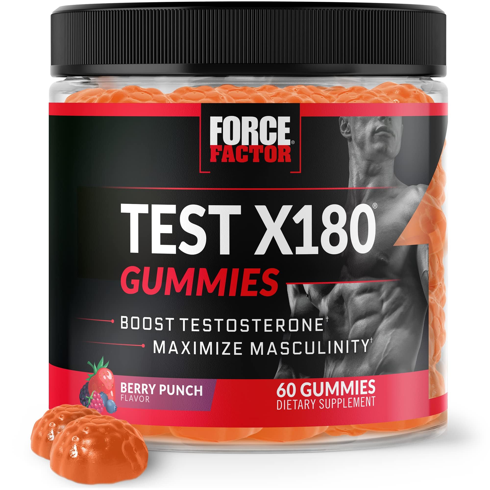Force Factor Test X180 Gummies Testosterone Booster for Men with Tongkat Ali, Horny Goat Weed, Tribulus Terrestris, Fenugreek, & Black Maca, Testosterone Supplement for Men, Berry Punch, 60 Gummies, Test X180 Gummies, 60 Count (Pack of 1)