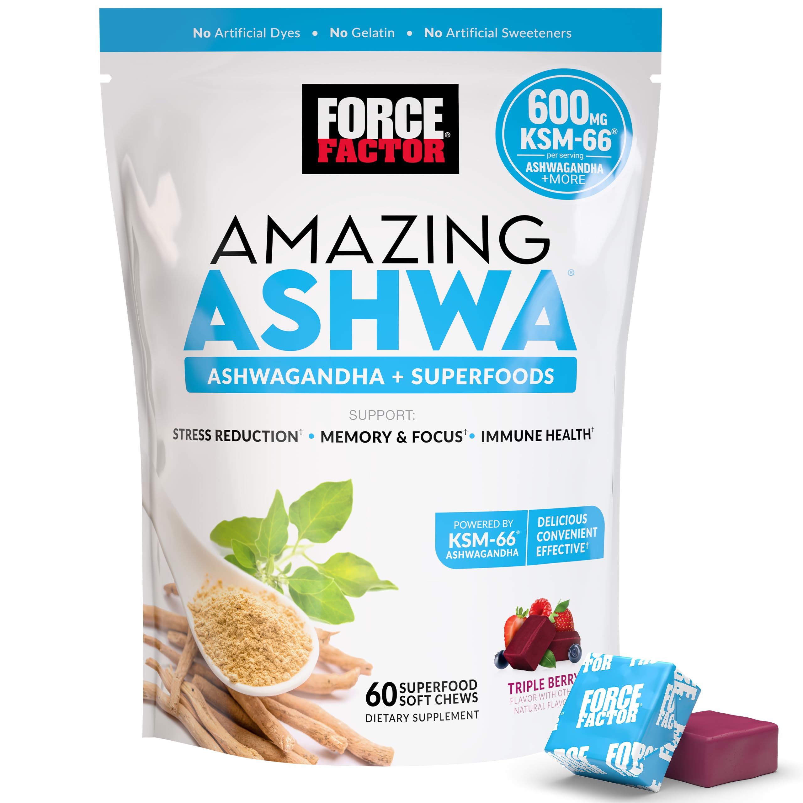 Force Factor Amazing Ashwa for Stress Relief, Memory, Focus, and Immune Support Health, Ashwaganda Supplement with KSM-66 Ashwagandha for Stress, 60 Soft Chews, 60 Count (Pack of 1)