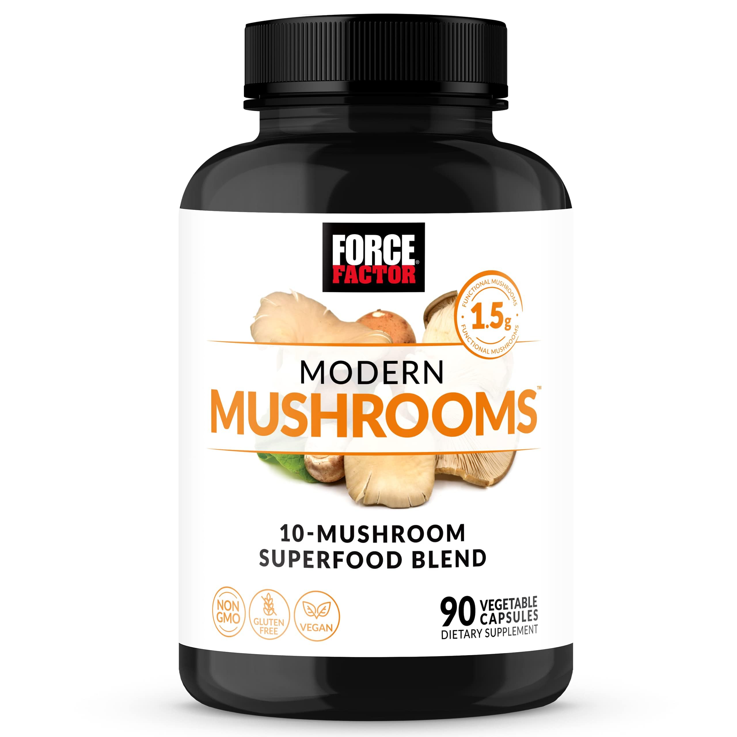 Force Factor Modern Mushrooms Capsules, Mushroom Supplement with Lions Mane, Turkey Tail, & Cordyceps to Support Energy, Focus, Immunity, & Digestion, 90 Vegetable Capsules, 90 Count (Pack of 1)