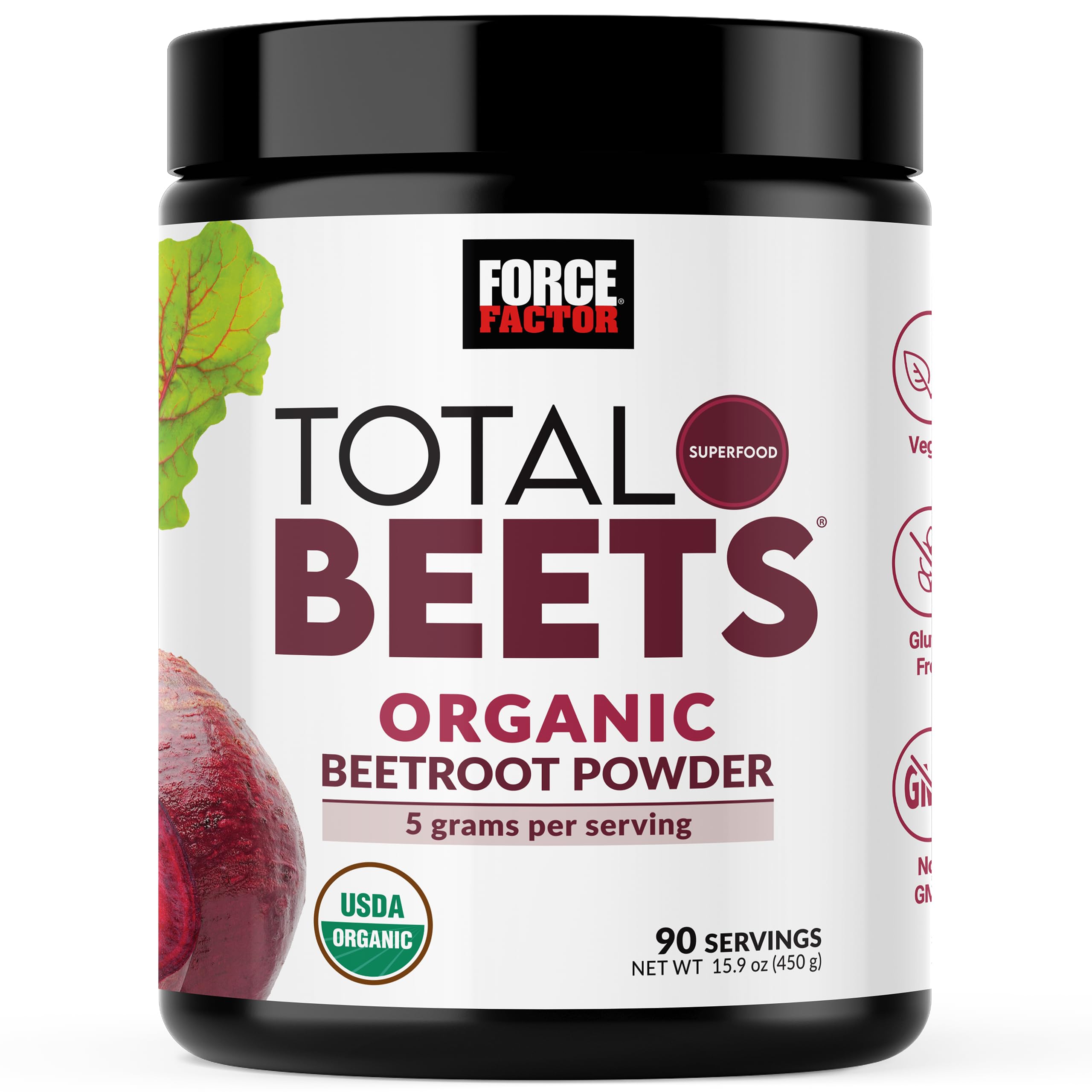 Force Factor Total Beets Organic Beetroot Powder Superfood to Boost Daily Nutrition, USDA Organic, Vegan, Gluten-Free, and Non-GMO Beet Supplement, Unflavored, 90 Servings, Unflavored, 15.9 Ounce (Pack of 1)