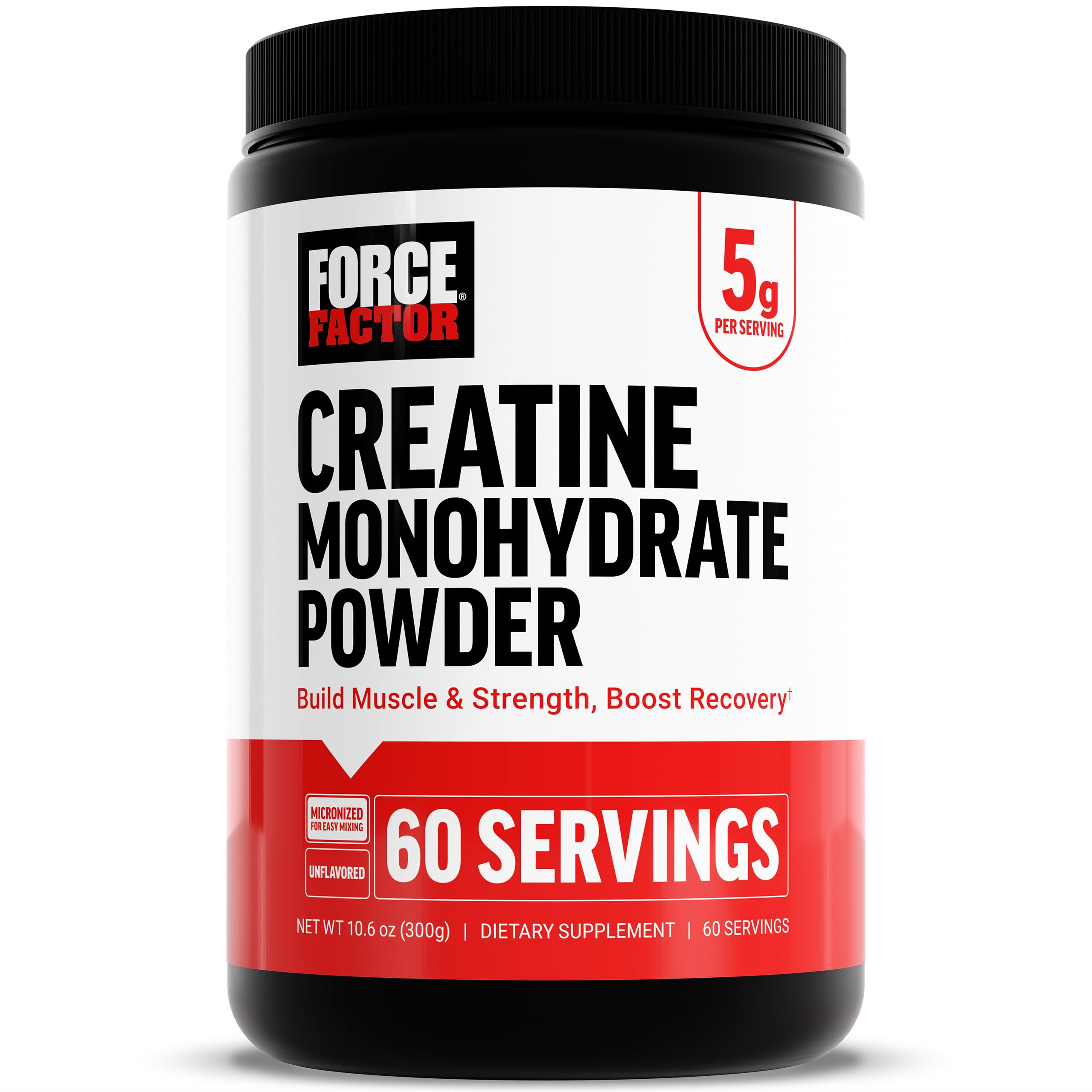 Force Factor Creatine Monohydrate Powder, 5g Micronized Dose to Support Muscle Growth, Strength, Recovery, Cognitive Health & Memory, Unflavored, 60 Servings, Unflavored, 10.6 Ounce (Pack of 1)