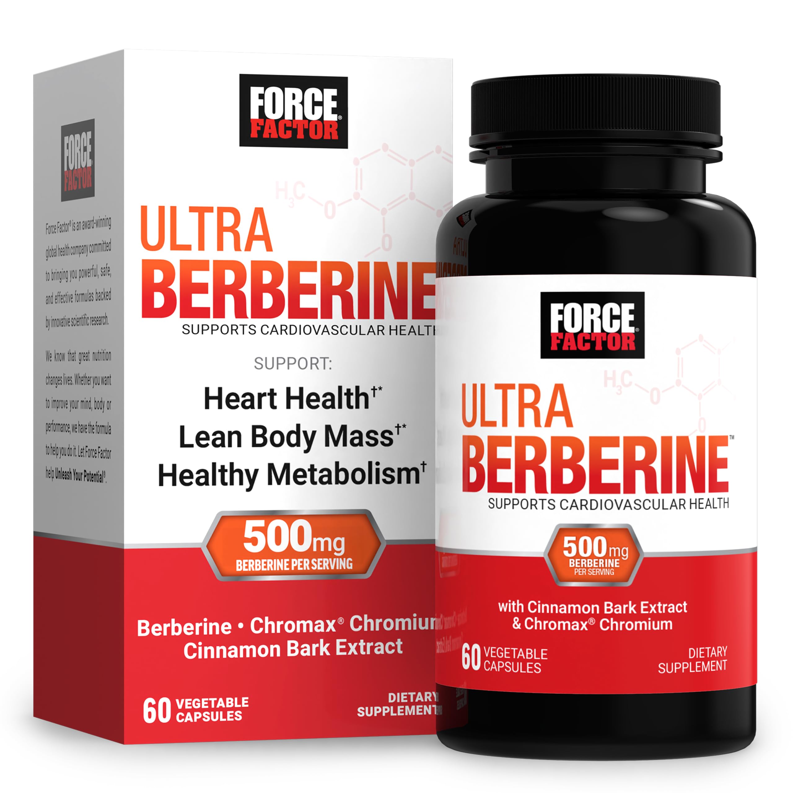 Force Factor Ultra Berberine, Berberine Supplement with 500mg Berberine HCl Plus Chromium & Cinnamon Bark Extract to Support Metabolism & Daily Wellness, Non-GMO, Gluten Free, 60 Vegetable Capsules, Ultra Berberine