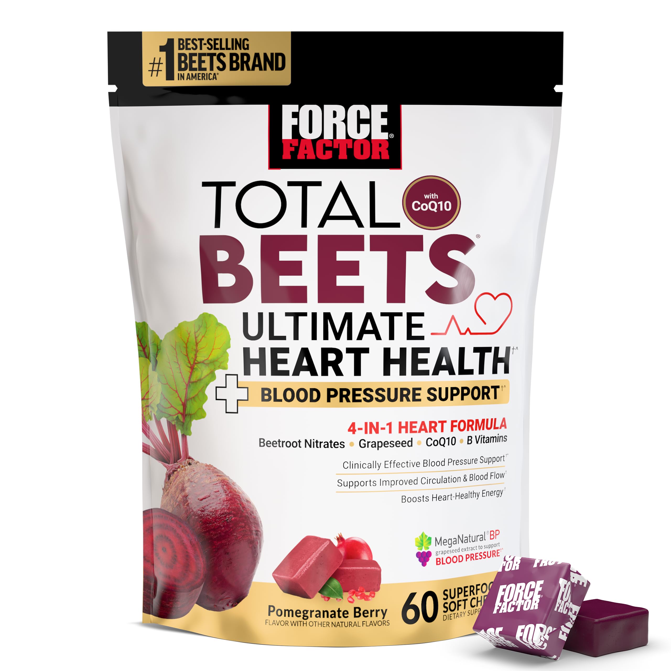 Force Factor Total Beets Ultimate Heart Health Chews for Blood Pressure Support, with Beetroot Powder, CoQ10, B Vitamins & Grapeseed Extract for Blood Flow & Energy, Pomegranate Berry, 60 Soft Chews, Pomegranate Berry, 1 Pack