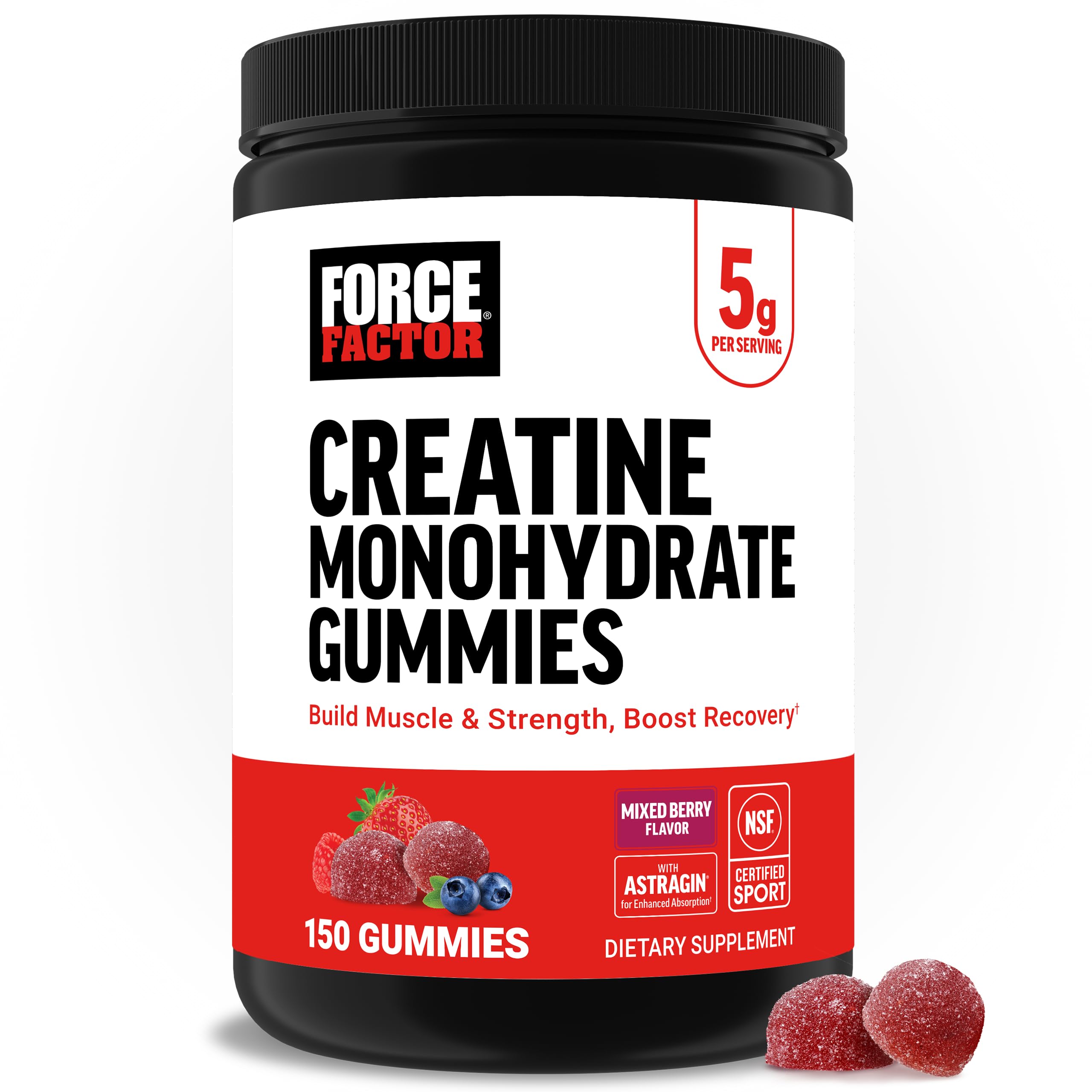 Force Factor Creatine Monohydrate Gummies, NSF Certified, 5g Dose for Men & Women to Support Muscle, Strength, Recovery, Cognitive Health & Memory, Mixed Berry, 150 Gummies, Creatine Gummies Mixed Berry, 150 Count (Pack of 1)
