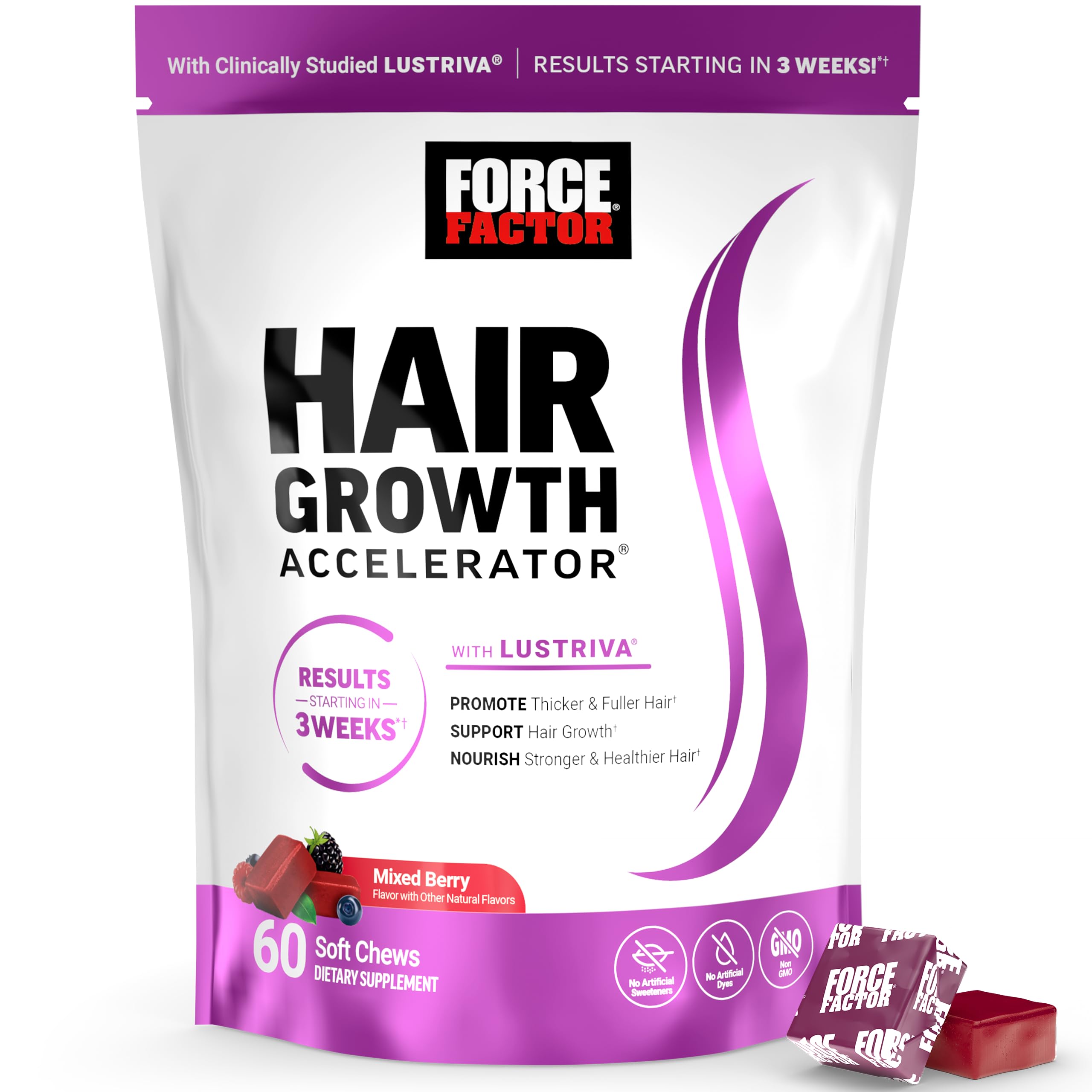 Force Factor Hair Growth Accelerator Soft Chews, Hair Growth Vitamins for Women and Men with Clinically Studied Lustriva and Biotin, Promotes Thicker, Fuller, Stronger Hair, Mixed Berry, 60 Soft Chews, 60 Count (Pack of 1), Soft Chews