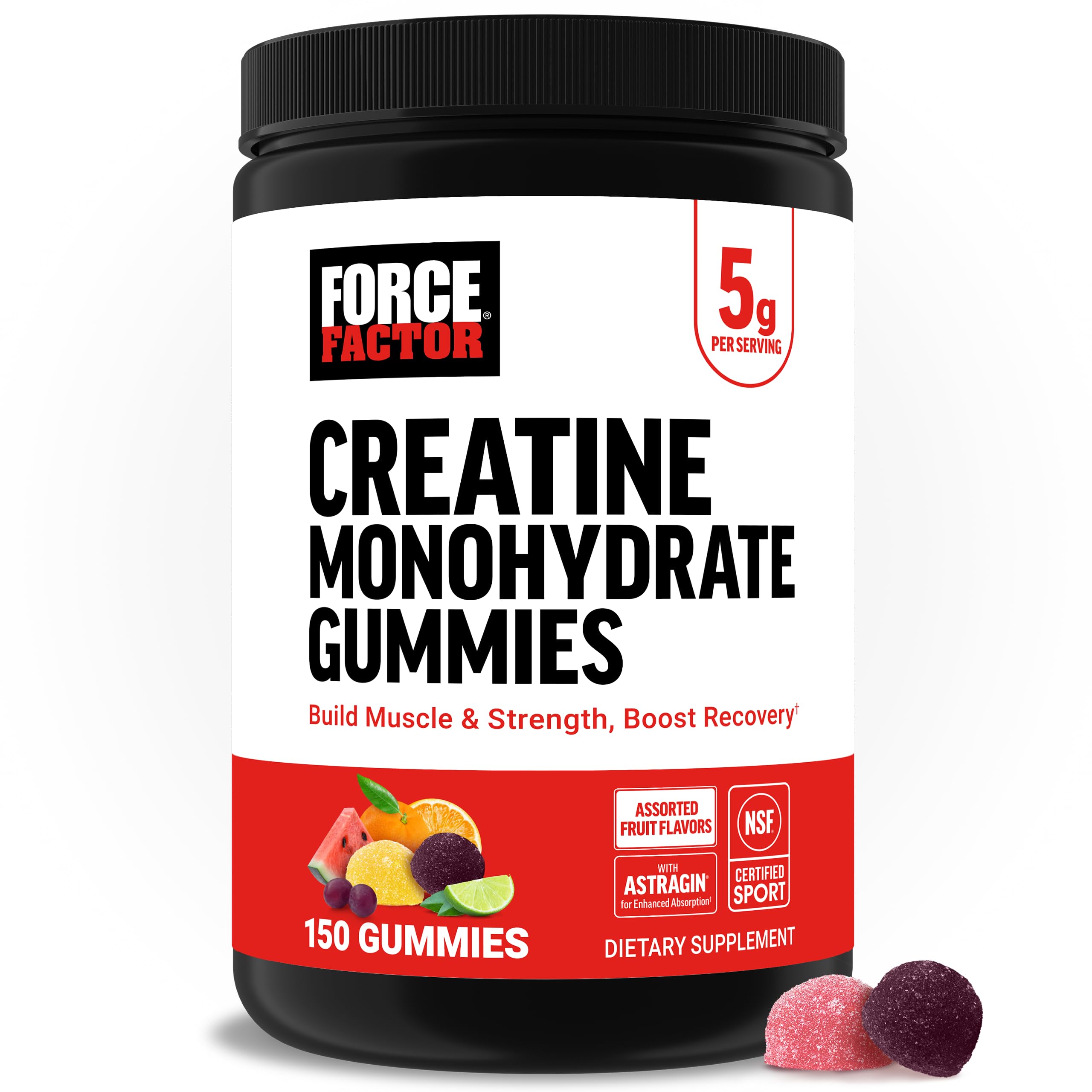 Force Factor Creatine Monohydrate Gummies, NSF Certified, 5g Dose for Men & Women to Support Muscle, Strength, Recovery, Cognitive Health & Memory, Assorted Fruit Flavors, 150 Gummies, Creatine Gummies Assorted Flavors, 150 Count (Pack of 1)