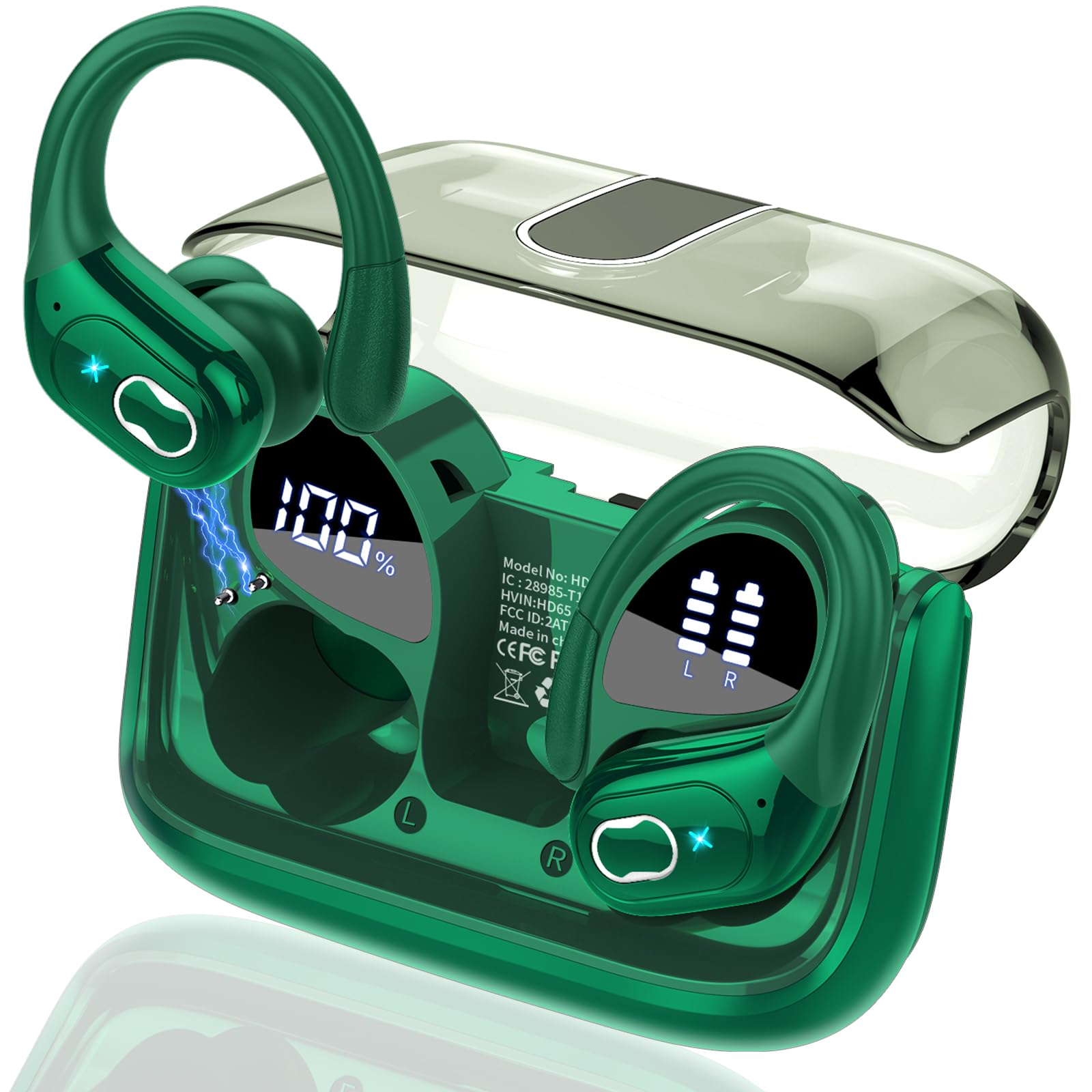 Wireless Earbuds 75hrs Bluetooth 5.4 Headphone Sport, 2026 Bluetooth Earbuds Stereo Deep Bass Over Ear Bud with Earhooks, ENC Noise Cancelling Mic, IPX7 Waterproof Earphone for Gym/Workout, Dark Green