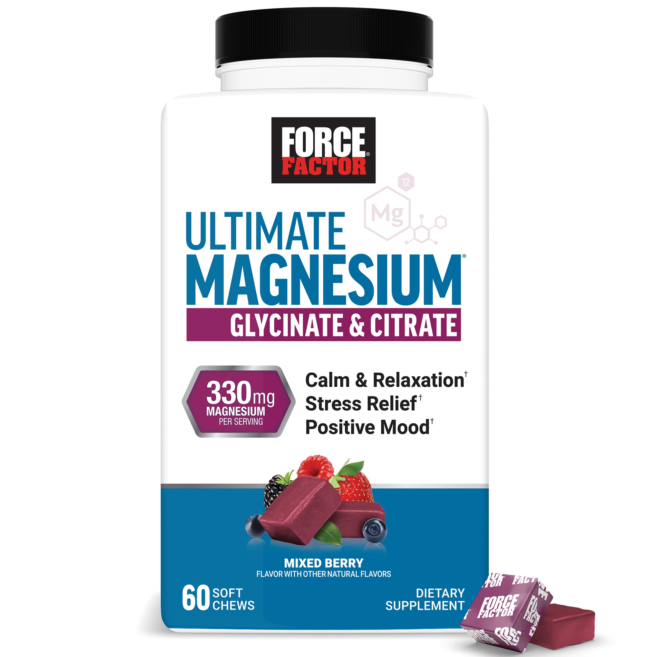 Force Factor Ultimate Magnesium Supplement, 330mg Magnesium Glycinate & Magnesium Citrate, Like Magnesium Gummies, Support Calm, Relaxation, Vegan & Gluten Free, Mixed Berry Flavor, 60 Soft Chews, 60 Count (Pack of 1), Magnesium Glycinate & Citrate