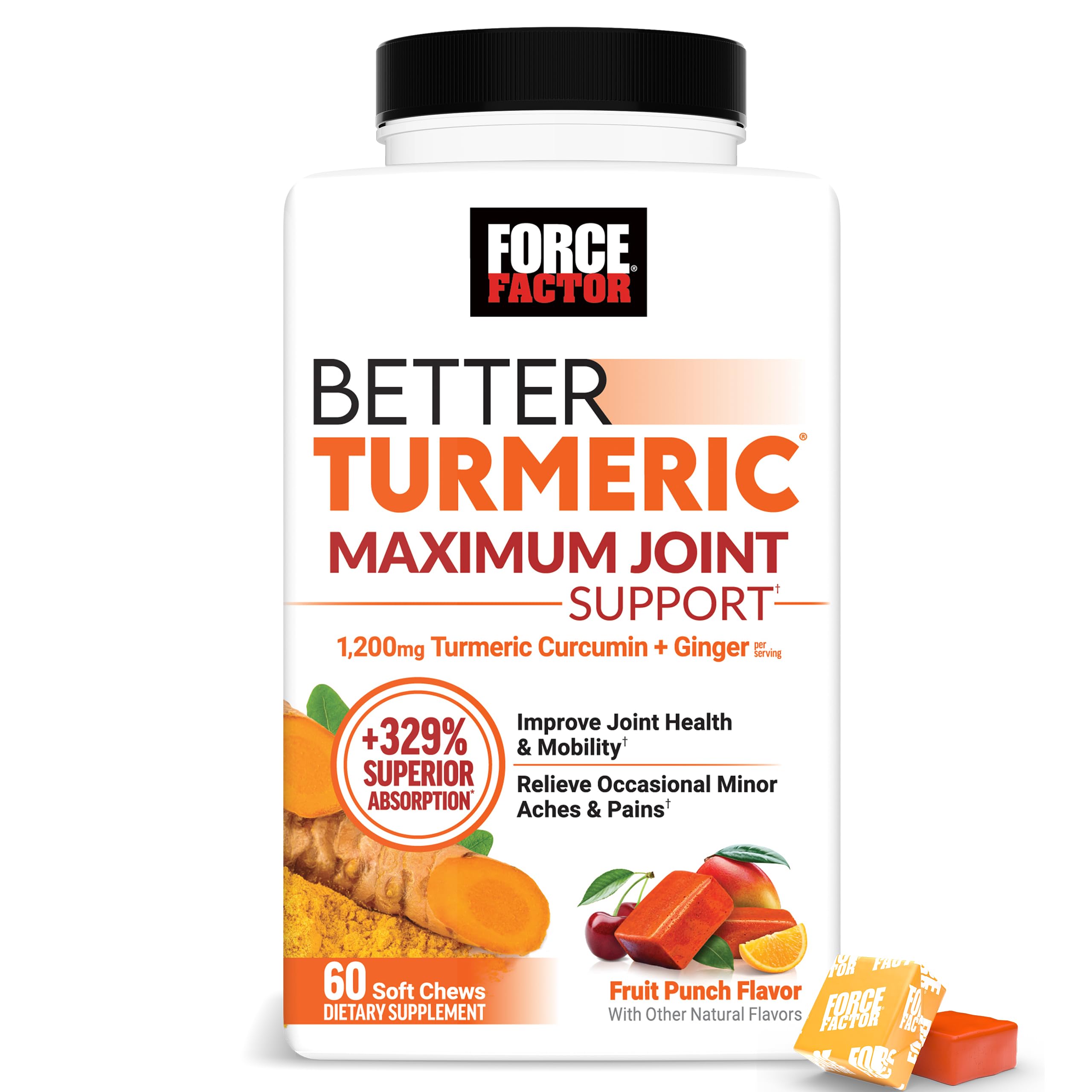 Force Factor Better Turmeric Maximum Joint Support, 1075mg Curcumin with Ginger to Support Mobility, Flexibility & Comfort, Chews More Convenient Than Turmeric Gummies, Fruit Punch, 60 Soft Chews, Single-Pack, Turmeric Maximum