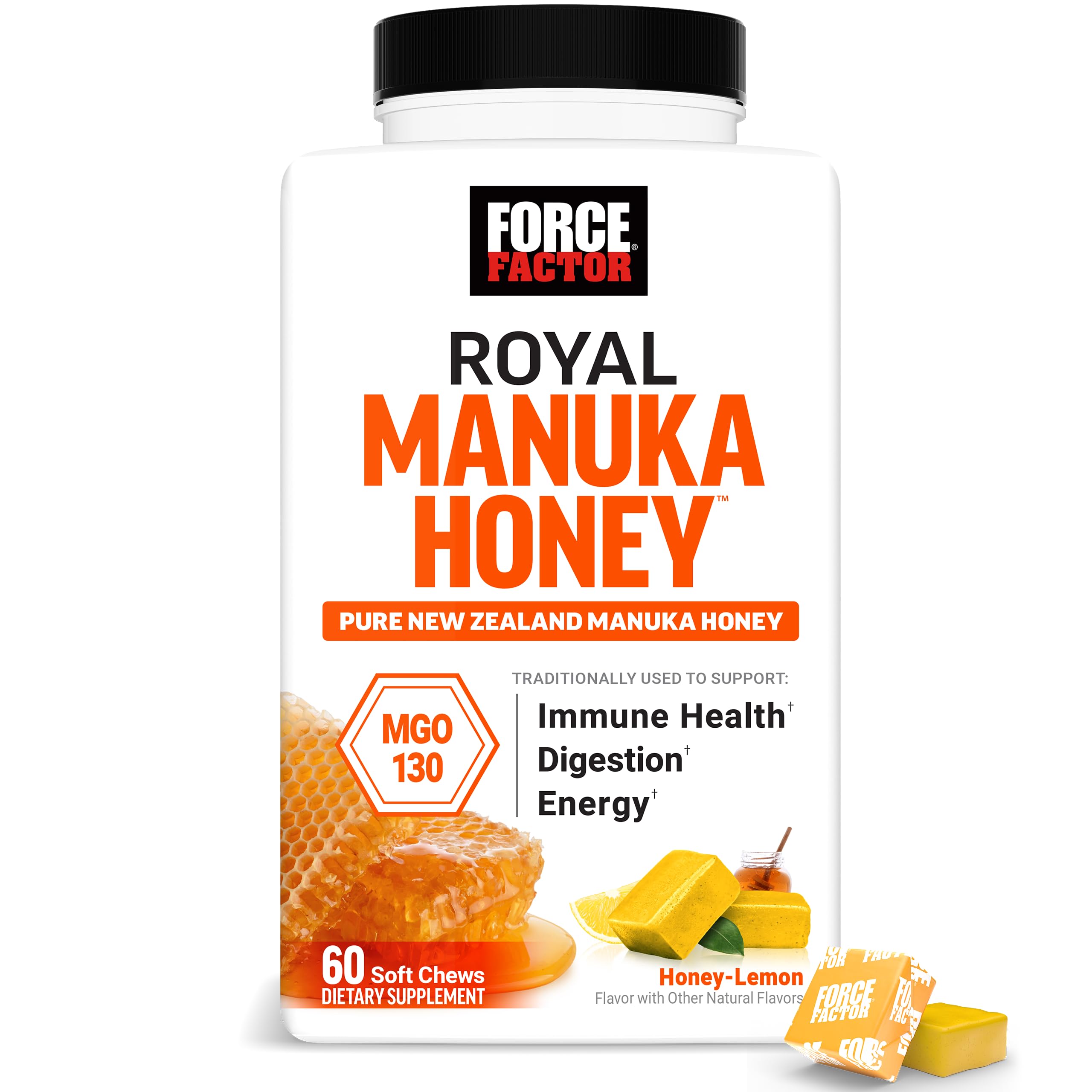 Force Factor Royal Manuka Honey, Pure New Zealand Manuka, Support Immune Health, Digestion & Energy, MGO 130, Sustainably Sourced, Honey-Lemon, 60 Soft Chews