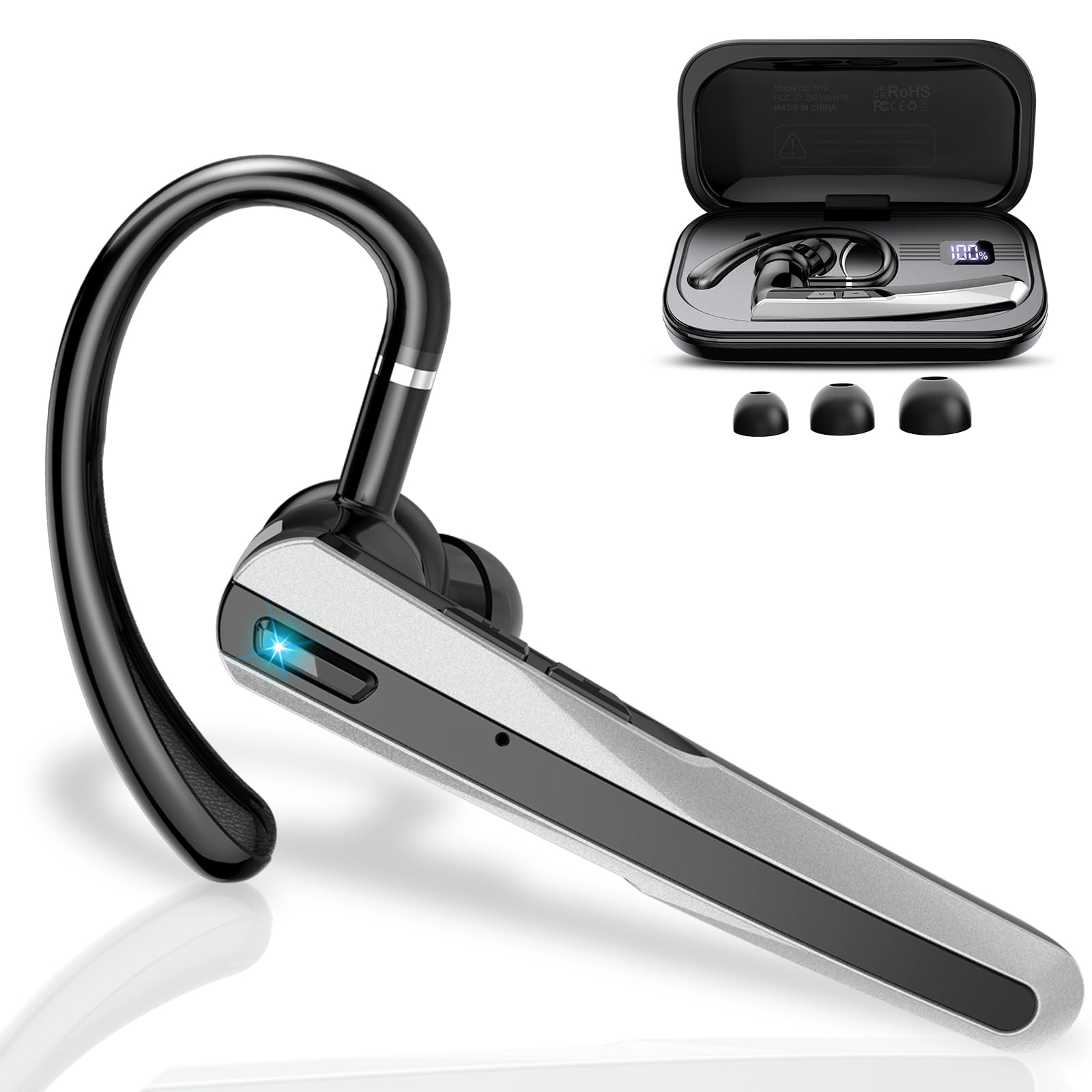 Atheewon Bluetooth Headset V5.3, Wireless Headset with ENC Noise Canceling Mic, 120Hrs Talk Single-Ear Bluetooth Earpiece, LED Display, IP7 Waterproof Hand-Free Earphone for Business/Trucker/Driver