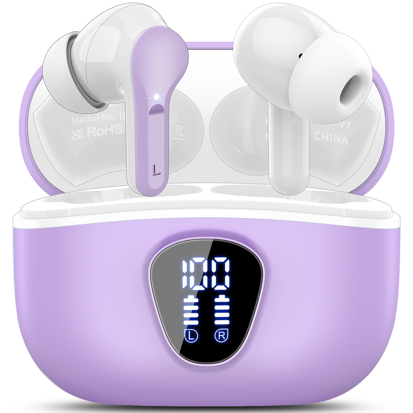 Wireless Earbuds, Bluetooth 5.4 Headphones HiFi Stereo, Bluetooth Earbuds with ENC Noise Cancelling Mic,IP7 Waterproof in Ear Earphones, 48H, LED Display Ear buds for Pad Phones Workout Sports, Purple