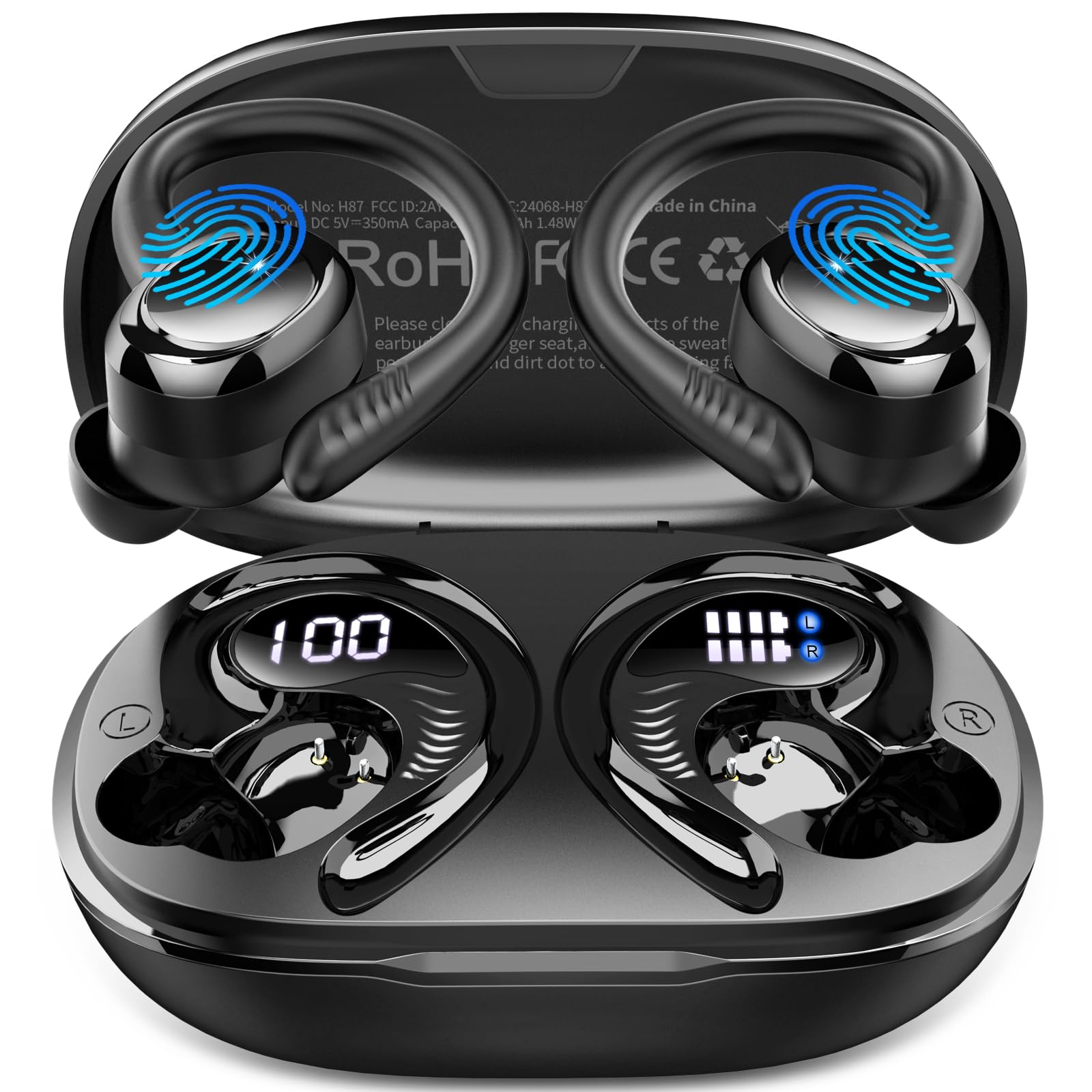 Hupoaf Wireless Earbuds Sport, NEW Bluetooth 5.4 Headphones with Earhooks, 50H Stereo Deep Bass Over Ear Buds with 4 ENC Noise Canceling Mics, IP7 Waterproof Earphones for Running Workout Gym -Black