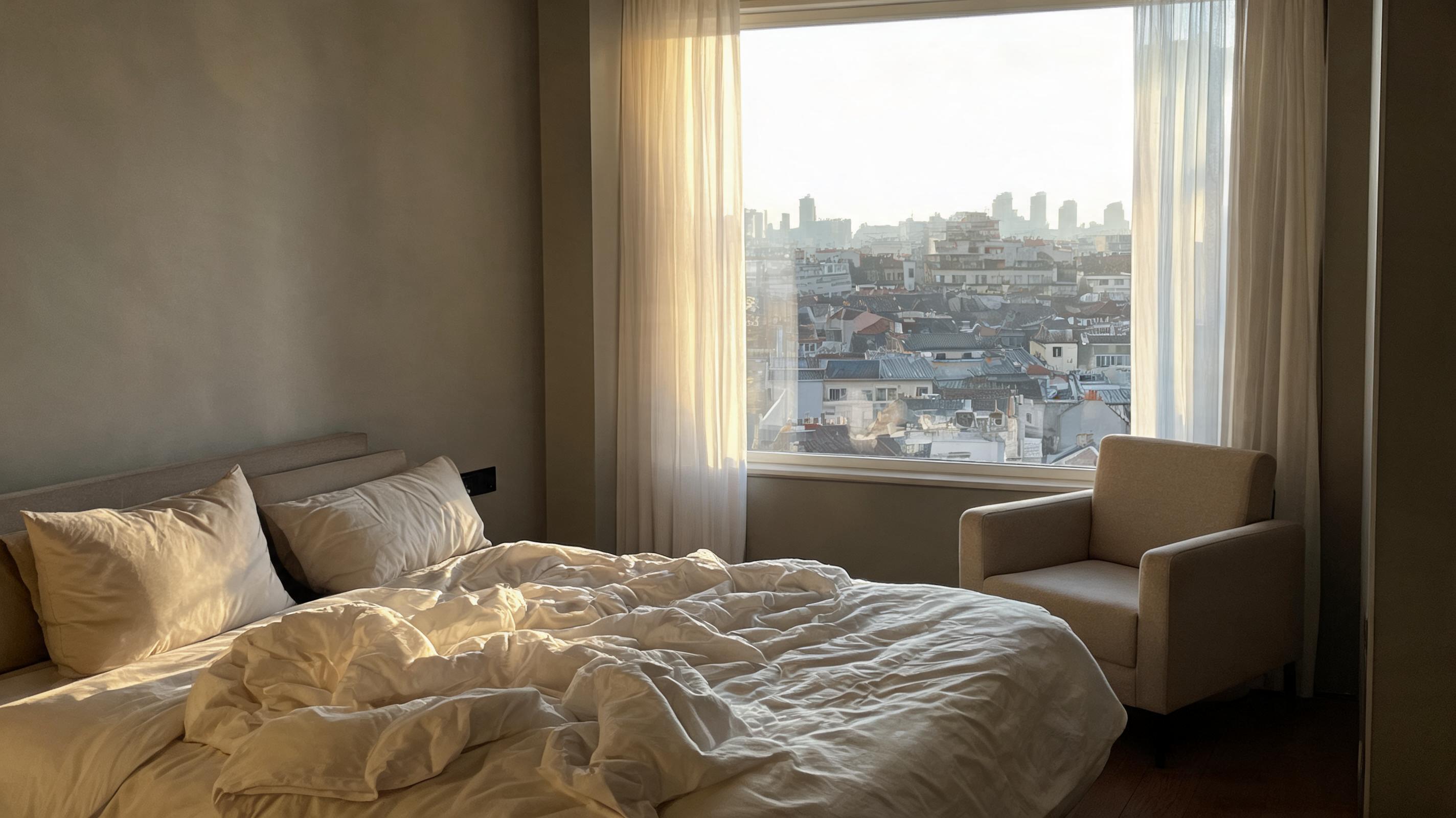 An unbranded hotel room overlooking a dense city skyline